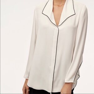 Aritzia Babaton White Sheer Contrast Trim Blouse – Long Sleeve, Black Piping